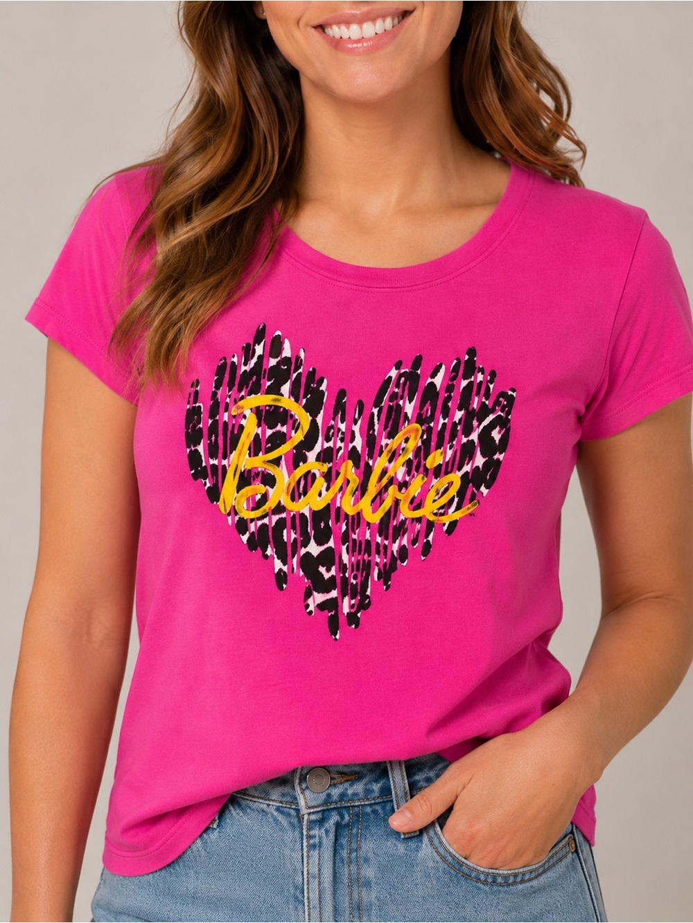 Barbie Women's Size XL T-shirt Tee Top Short Sleeve Hot Pink Textured Heart‎